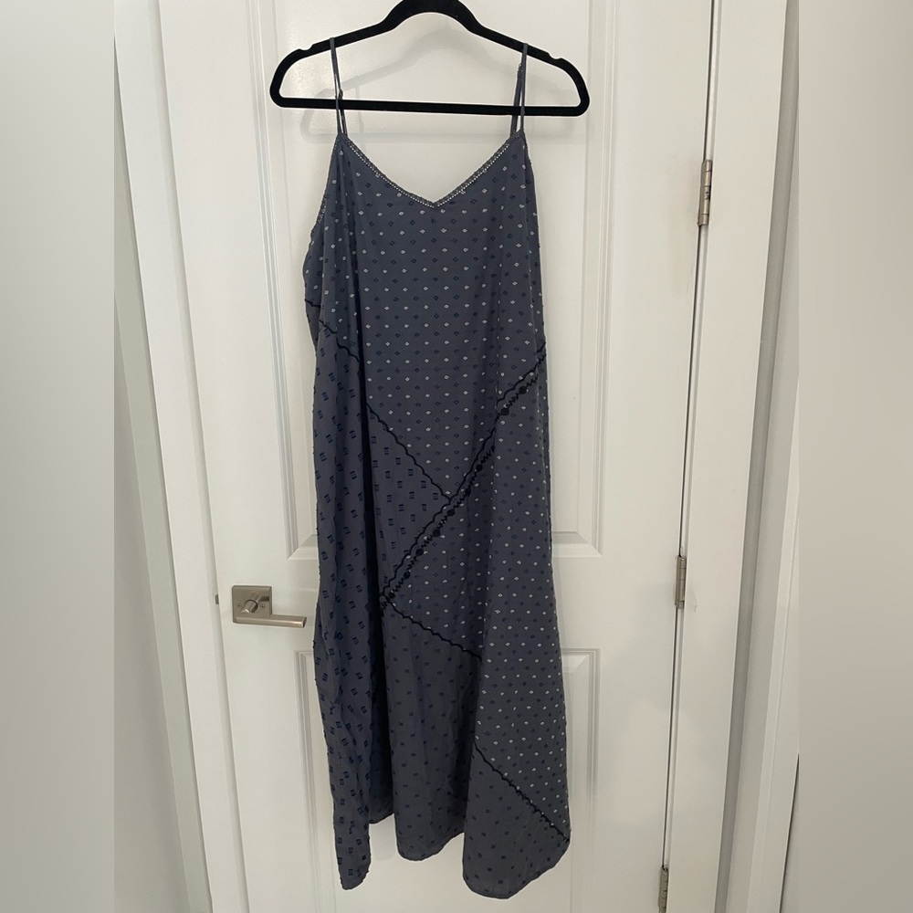 NWT Lucky Brand Textured Patchwork Dress India Ink Blue Embroidered.       20 - Picture 3 of 12